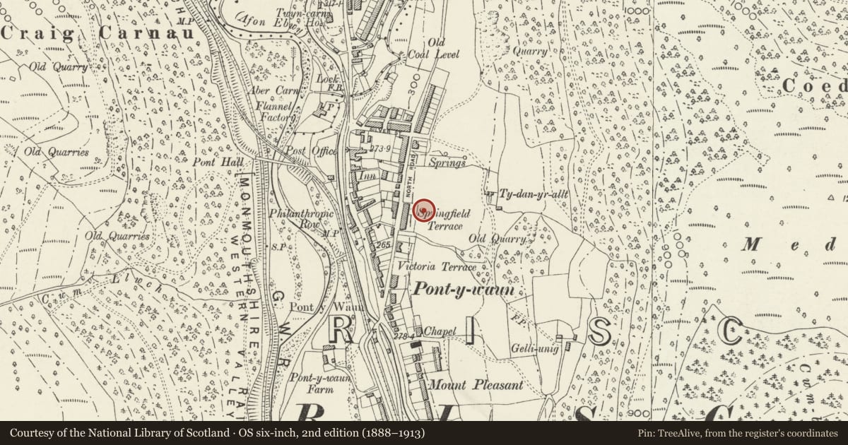 Ordnance Survey six-inch map, 2nd edition (1888–1913) covering the location of 67 Garden Suburbs, Crosskeys, Caerphilly, with a pin at the register's coordinates