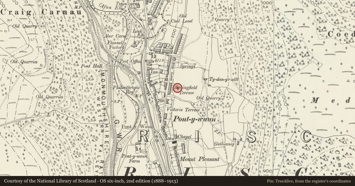 Ordnance Survey six-inch map, 2nd edition (1888–1913) covering the location of 69 Garden Suburbs, Crosskeys, Caerphilly, with a pin at the register's coordinates