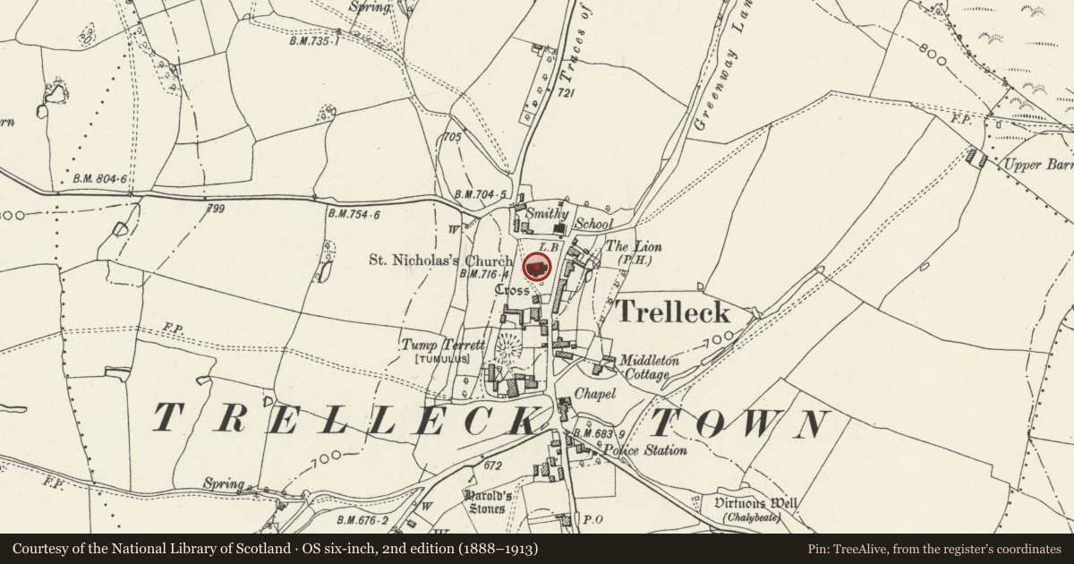 Ordnance Survey six-inch map, 2nd edition (1888–1913) covering the location of Church of St Nicholas, Trellech United, Monmouthshire, with a pin at the register's coordinates