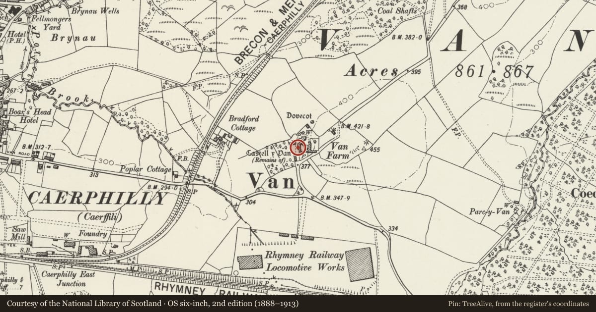 Ordnance Survey six-inch map, 2nd edition (1888–1913) covering the location of Gatehouse and attached courtyard wall at Van House, Caerphilly, with a pin at the register's coordinates