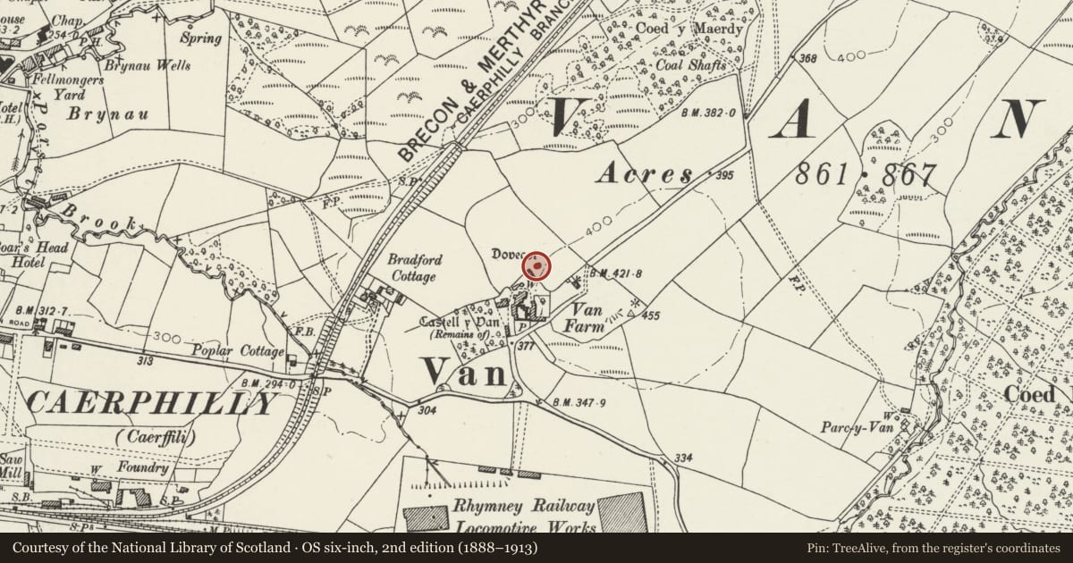Ordnance Survey six-inch map, 2nd edition (1888–1913) covering the location of Dovecote at Van House, Caerphilly, with a pin at the register's coordinates