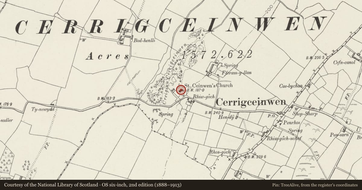Ordnance Survey six-inch map, 2nd edition (1888–1913) covering the location of Church of St Ceinwen, Llangristiolus, Isle of Anglesey, with a pin at the register's coordinates