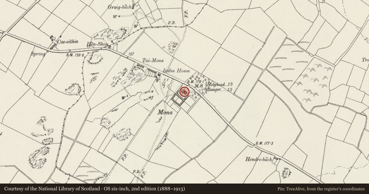 Ordnance Survey six-inch map, 2nd edition (1888–1913) covering the location of Mona and Mona Isaf, Llangristiolus, Isle of Anglesey, with a pin at the register's coordinates