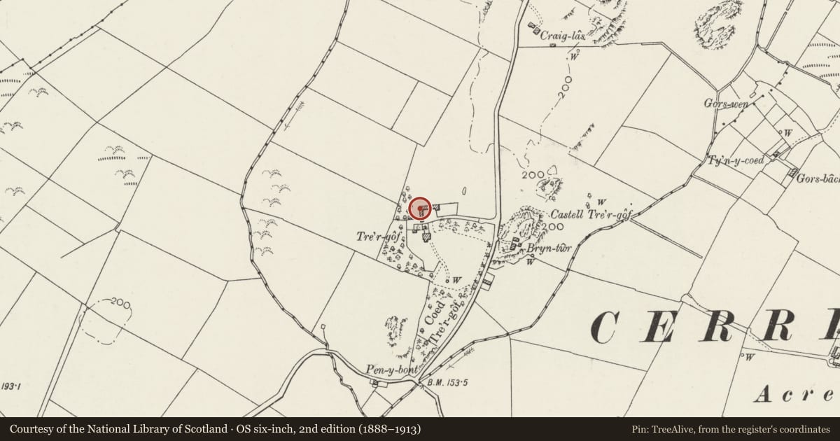 Ordnance Survey six-inch map, 2nd edition (1888–1913) covering the location of Labourers quarters and agricultural range, Tre Gof, Llangristiolus, Isle of Anglesey, with a pin at the register's coordinates