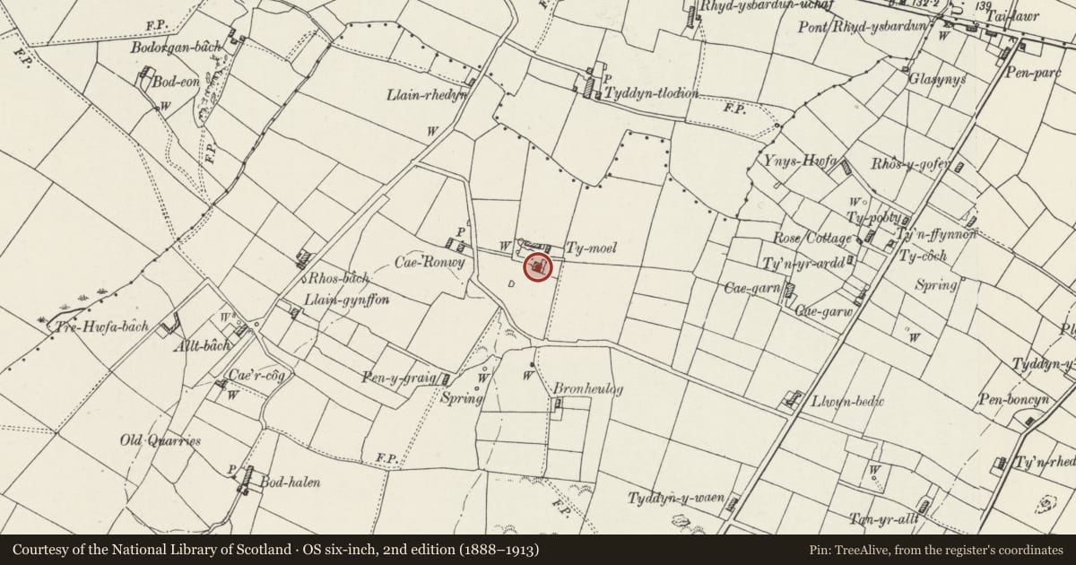 Ordnance Survey six-inch map, 2nd edition (1888–1913) covering the location of Ty Moel, Llangristiolus, Isle of Anglesey, with a pin at the register's coordinates