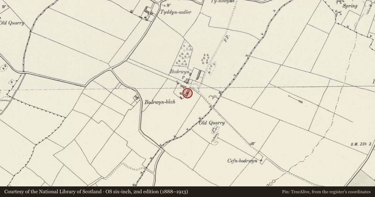 Ordnance Survey six-inch map, 2nd edition (1888–1913) covering the location of Agricultural range, Bodrwyn, Llangristiolus, Isle of Anglesey, with a pin at the register's coordinates