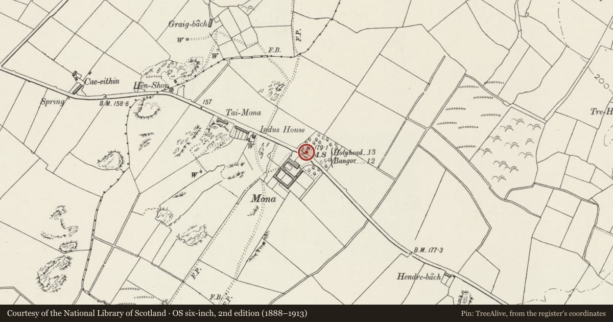 Ordnance Survey six-inch map, 2nd edition (1888–1913) covering the location of Telford Milestone (13) opposite Mona Isaf, Llangristiolus, Isle of Anglesey, with a pin at the register's coordinates