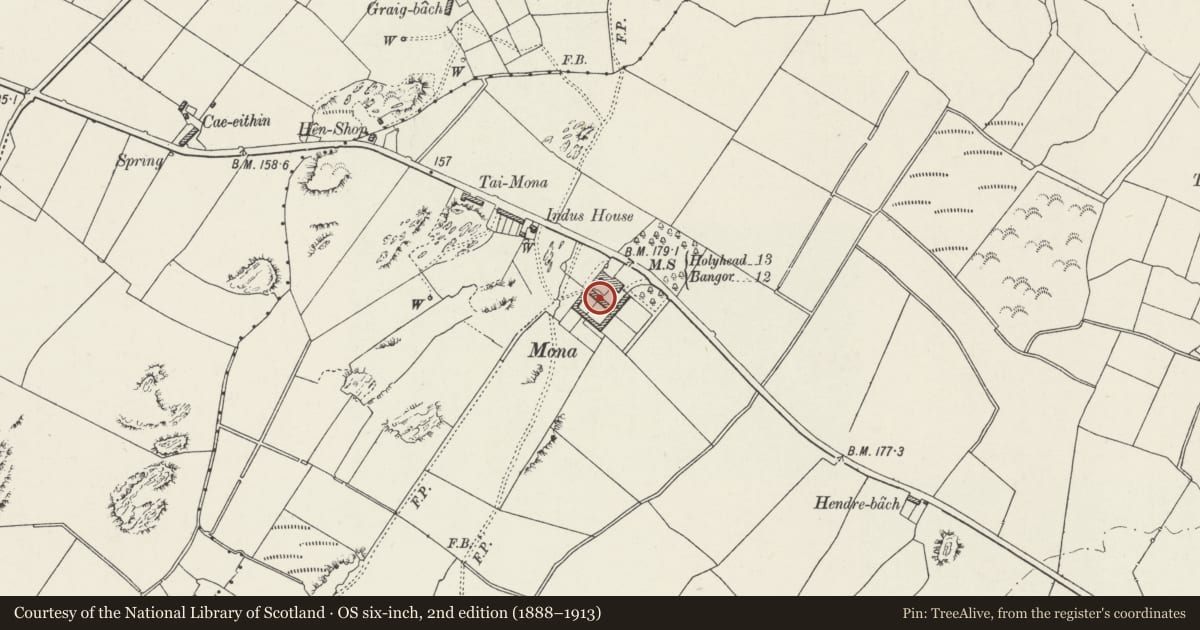 Ordnance Survey six-inch map, 2nd edition (1888–1913) covering the location of Courtyard and ranges at Mona, Llangristiolus, Isle of Anglesey, with a pin at the register's coordinates