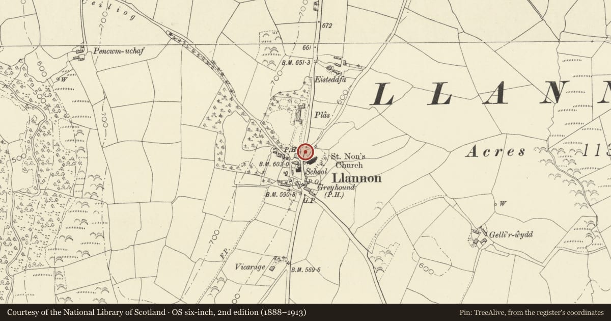 Ordnance Survey six-inch map, 2nd edition (1888–1913) covering the location of Railings and Gates of St Non's Church, Llannon, Carmarthenshire, with a pin at the register's coordinates