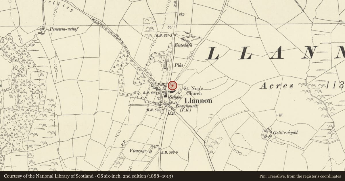 Ordnance Survey six-inch map, 2nd edition (1888–1913) covering the location of Gravestone with Railings within St Non's Churchyard, Llannon, Carmarthenshire, with a pin at the register's coordinates