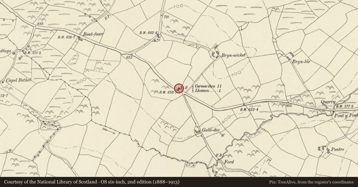 Ordnance Survey six-inch map, 2nd edition (1888–1913) covering the location of Milestone near Brynwicket Farm, Llannon, Carmarthenshire, with a pin at the register's coordinates