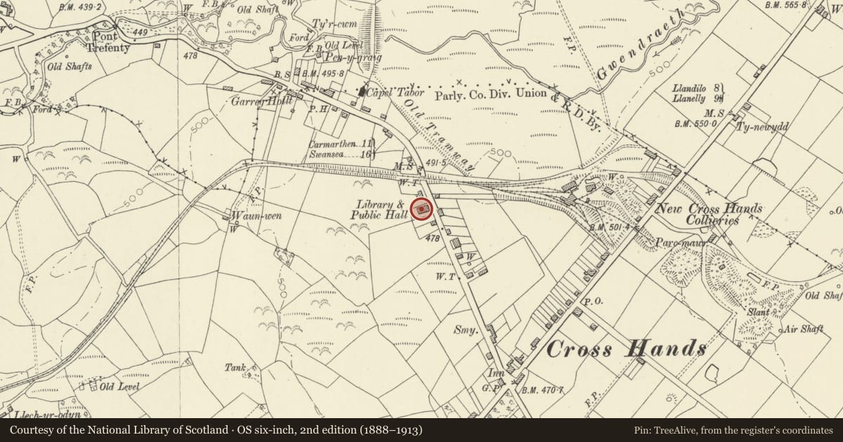 Ordnance Survey six-inch map, 2nd edition (1888–1913) covering the location of Crosshands Public Hall, Llannon, Carmarthenshire, with a pin at the register's coordinates