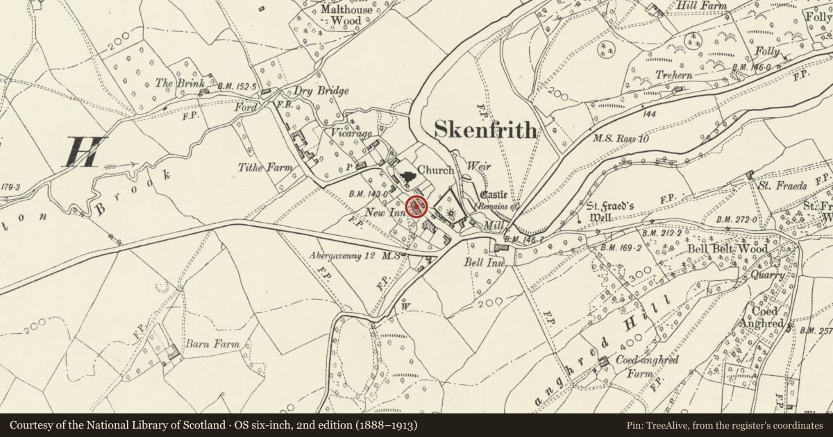 Ordnance Survey six-inch map, 2nd edition (1888–1913) covering the location of Sarn, Skenfrith, Monmouthshire, with a pin at the register's coordinates
