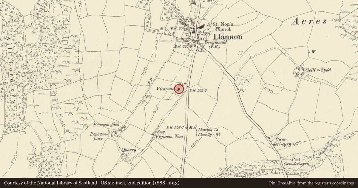Ordnance Survey six-inch map, 2nd edition (1888–1913) covering the location of The Old Vicarage, Llannon, Carmarthenshire, with a pin at the register's coordinates