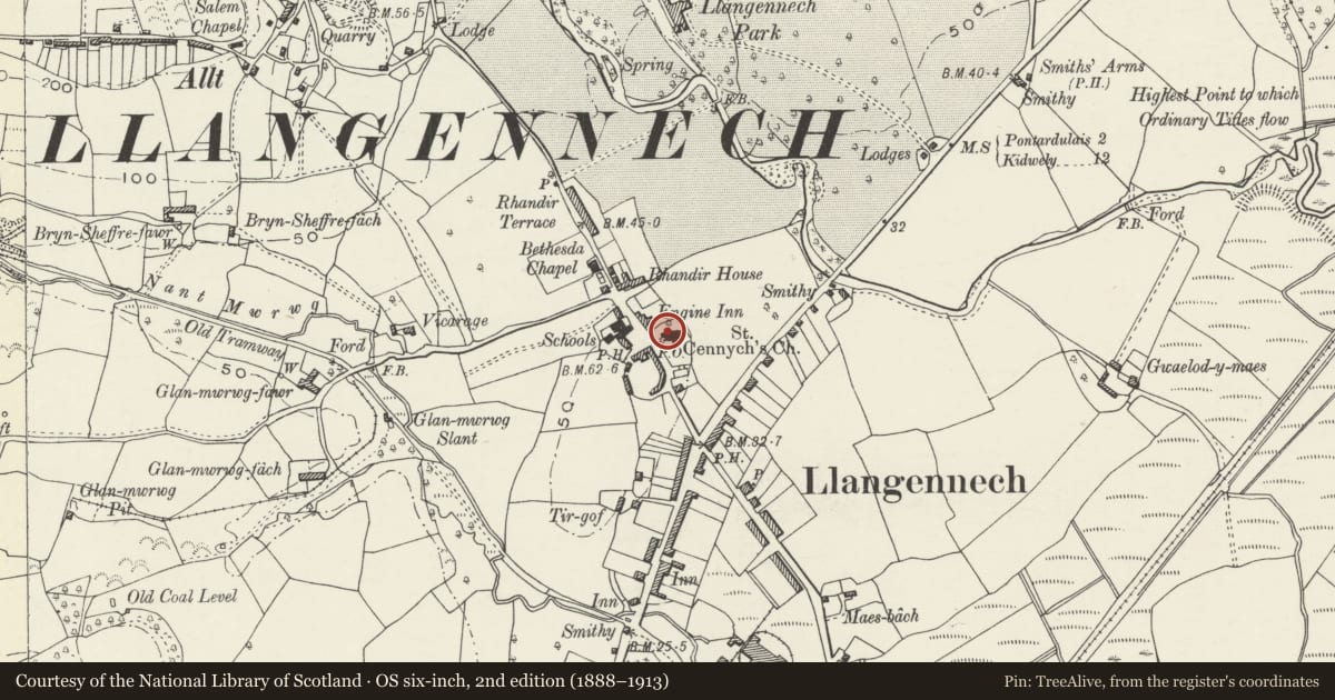 Ordnance Survey six-inch map, 2nd edition (1888–1913) covering the location of Church of St Cennych (aka St Gwynog), Llangennech, Carmarthenshire, with a pin at the register's coordinates