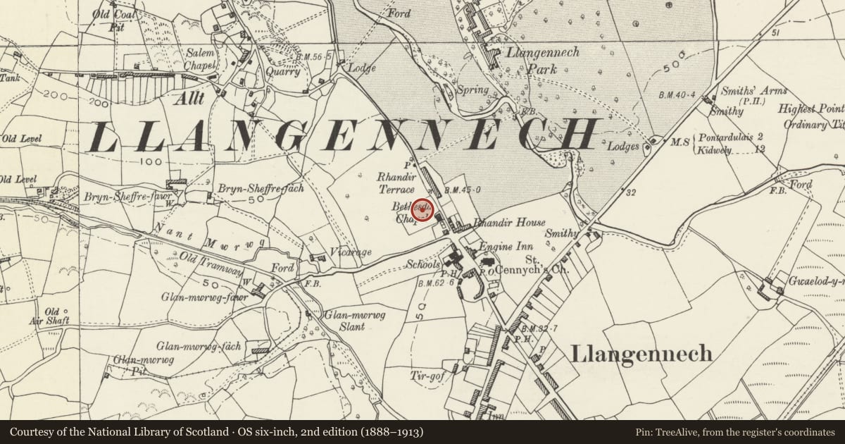 Ordnance Survey six-inch map, 2nd edition (1888–1913) covering the location of Bethesda Chapel, Llangennech, Carmarthenshire, with a pin at the register's coordinates