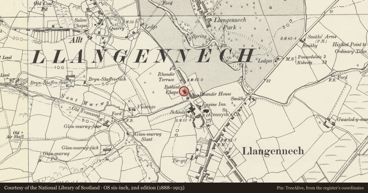 Ordnance Survey six-inch map, 2nd edition (1888–1913) covering the location of Bethesda Capel Bach, Llangennech, Carmarthenshire, with a pin at the register's coordinates