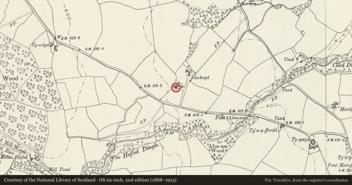 Ordnance Survey six-inch map, 2nd edition (1888–1913) covering the location of Carthouse and Stable Range at Llechryd, Llannefydd, Conwy, with a pin at the register's coordinates
