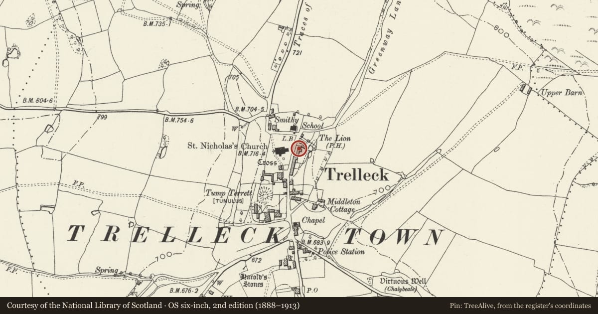 Ordnance Survey six-inch map, 2nd edition (1888–1913) covering the location of The Old Vicarage including front garden wall and gate, Trellech United, Monmouthshire, with a pin at the register's coordinates