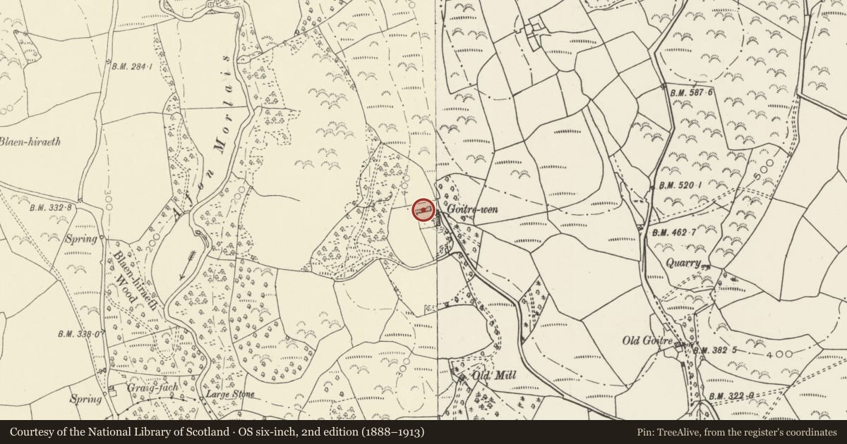 Ordnance Survey six-inch map, 2nd edition (1888–1913) covering the location of Goitre Wen Farmyard: Barn Range, Llangennech, Carmarthenshire, with a pin at the register's coordinates