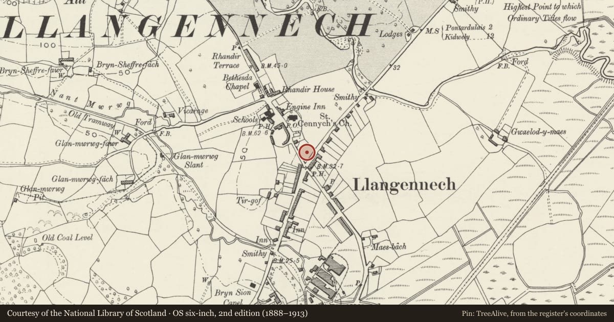 Ordnance Survey six-inch map, 2nd edition (1888–1913) covering the location of Capel Salem, Llangennech, Carmarthenshire, with a pin at the register's coordinates