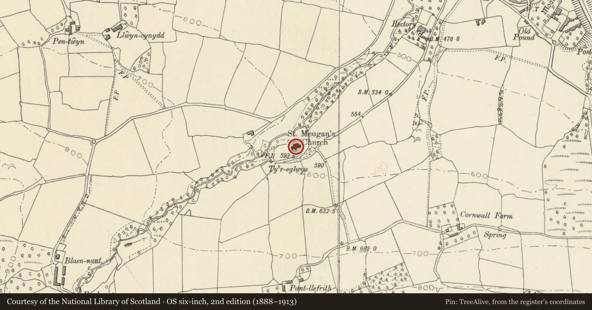 Ordnance Survey six-inch map, 2nd edition (1888–1913) covering the location of Church of St Meugan, Talybont-on-Usk, Powys, with a pin at the register's coordinates