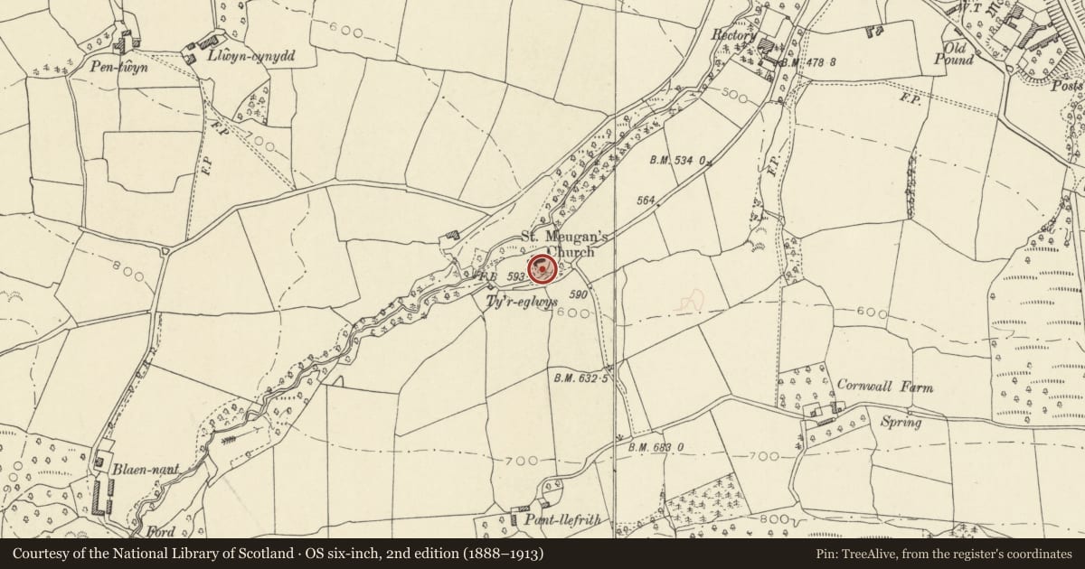 Ordnance Survey six-inch map, 2nd edition (1888–1913) covering the location of Churchyard cross shaft to S of Church of St Meugan, Talybont-on-Usk, Powys, with a pin at the register's coordinates