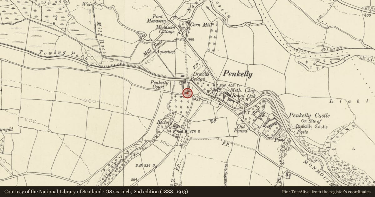 Ordnance Survey six-inch map, 2nd edition (1888–1913) covering the location of Byre at Pencelli Court, Talybont-on-Usk, Powys, with a pin at the register's coordinates