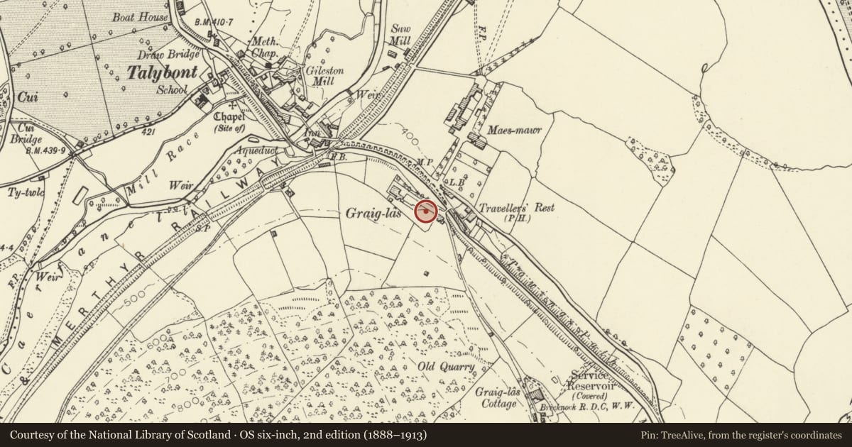 Ordnance Survey six-inch map, 2nd edition (1888–1913) covering the location of Limekilns at Brynhyfryd, Talybont-on-Usk, Powys, with a pin at the register's coordinates