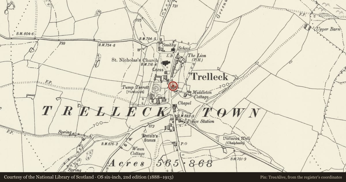 Ordnance Survey six-inch map, 2nd edition (1888–1913) covering the location of Trellech Farmhouse, Trellech United, Monmouthshire, with a pin at the register's coordinates