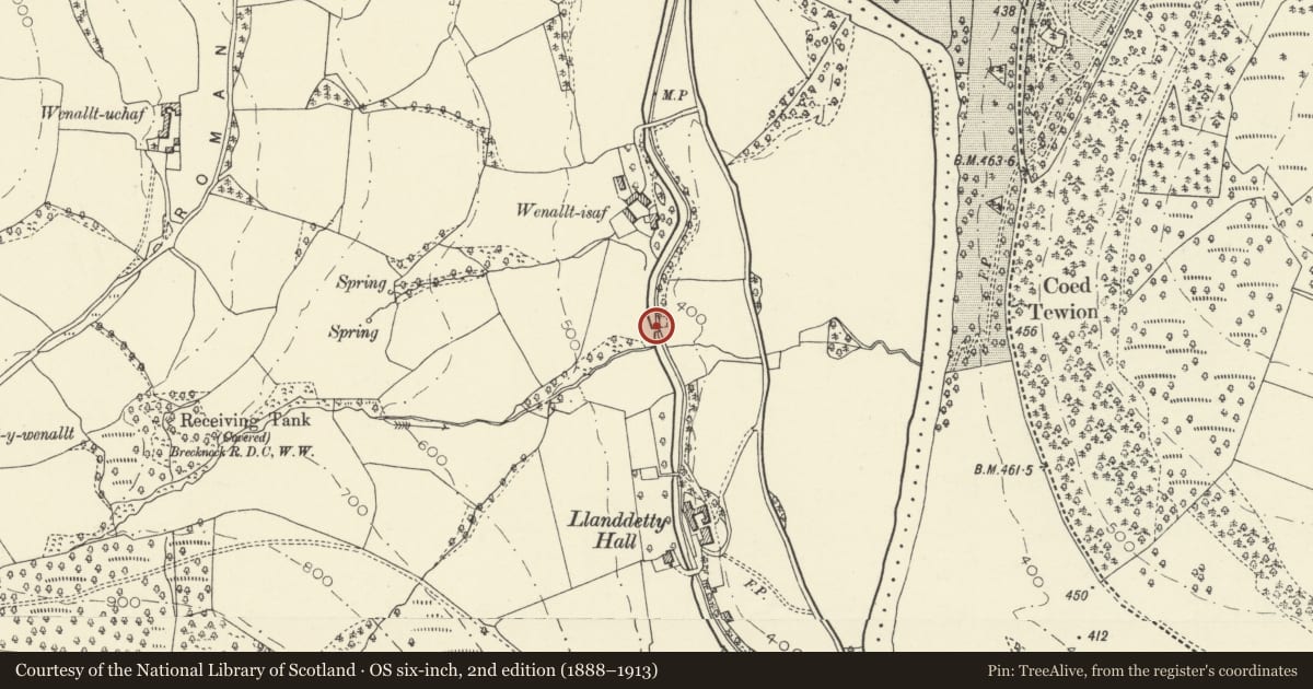 Ordnance Survey six-inch map, 2nd edition (1888–1913) covering the location of Wenallt Lower Bridge (Canal Bridge No.140), Talybont-on-Usk, Powys, with a pin at the register's coordinates