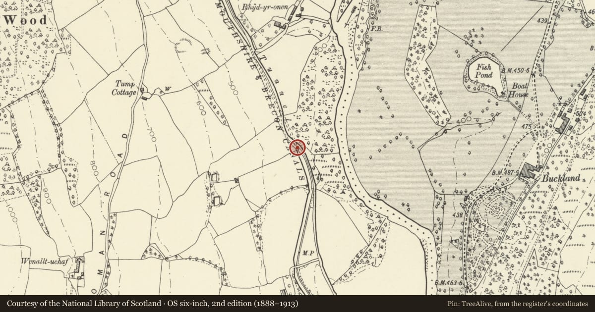 Ordnance Survey six-inch map, 2nd edition (1888–1913) covering the location of Ashford Tunnel S Portal (Monmouthshire and Brecon Canal), Talybont-on-Usk, Powys, with a pin at the register's coordinates