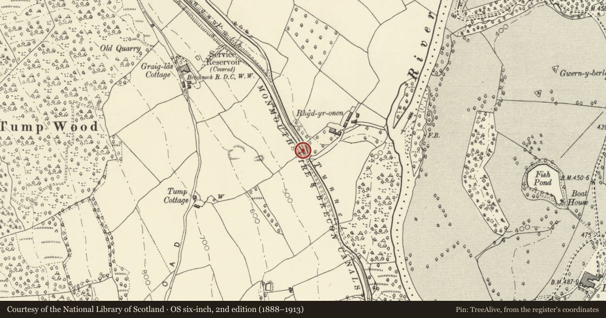 Ordnance Survey six-inch map, 2nd edition (1888–1913) covering the location of Ashford tunnel N Portal (Monmouthshire and Brecon Canal), Talybont-on-Usk, Powys, with a pin at the register's coordinates