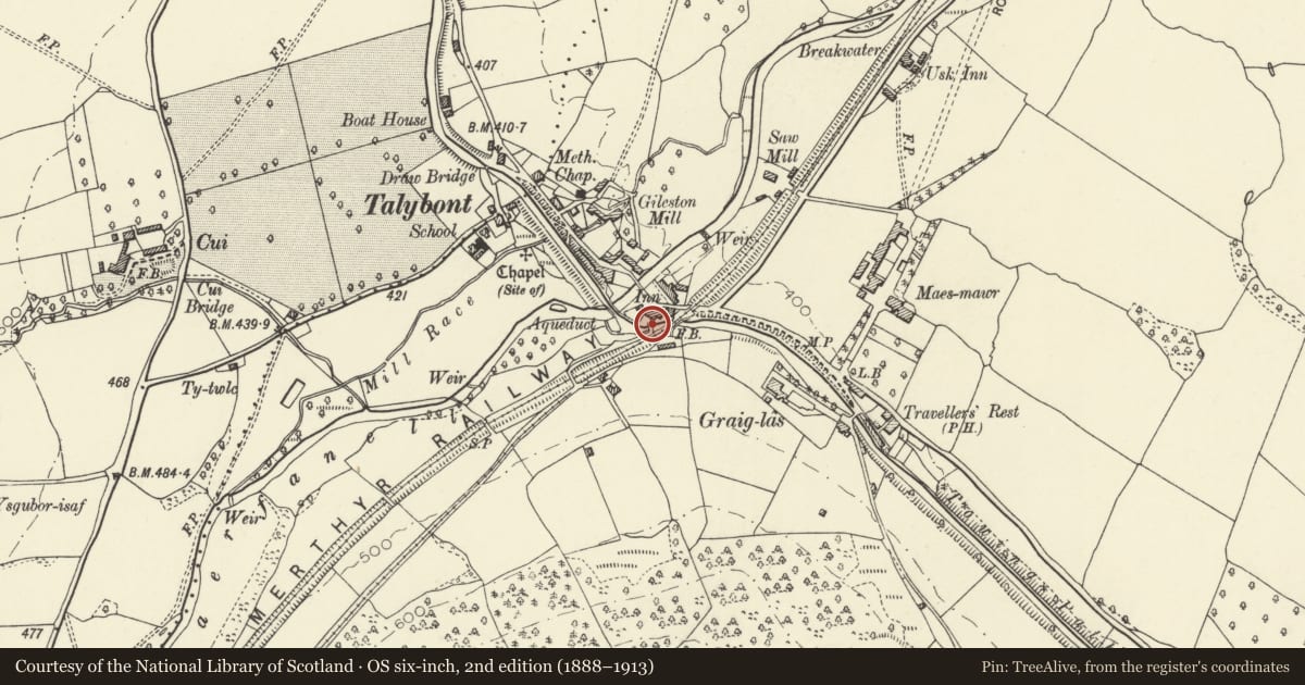Ordnance Survey six-inch map, 2nd edition (1888–1913) covering the location of White Hart Bridge (Canal Bridge No.143) including attached retaining wall, Talybont-on-Usk, Powys, with a pin at the register's coordinates