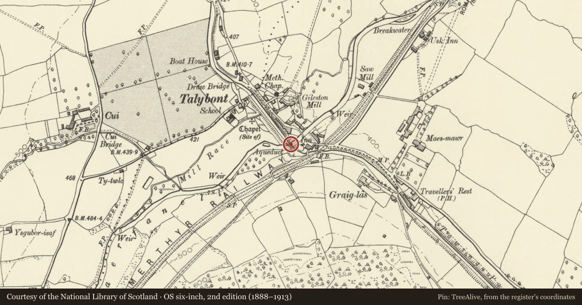 Ordnance Survey six-inch map, 2nd edition (1888–1913) covering the location of Talybont Aqueduct (Monmouthshire and Brecon Canal), Talybont-on-Usk, Powys, with a pin at the register's coordinates