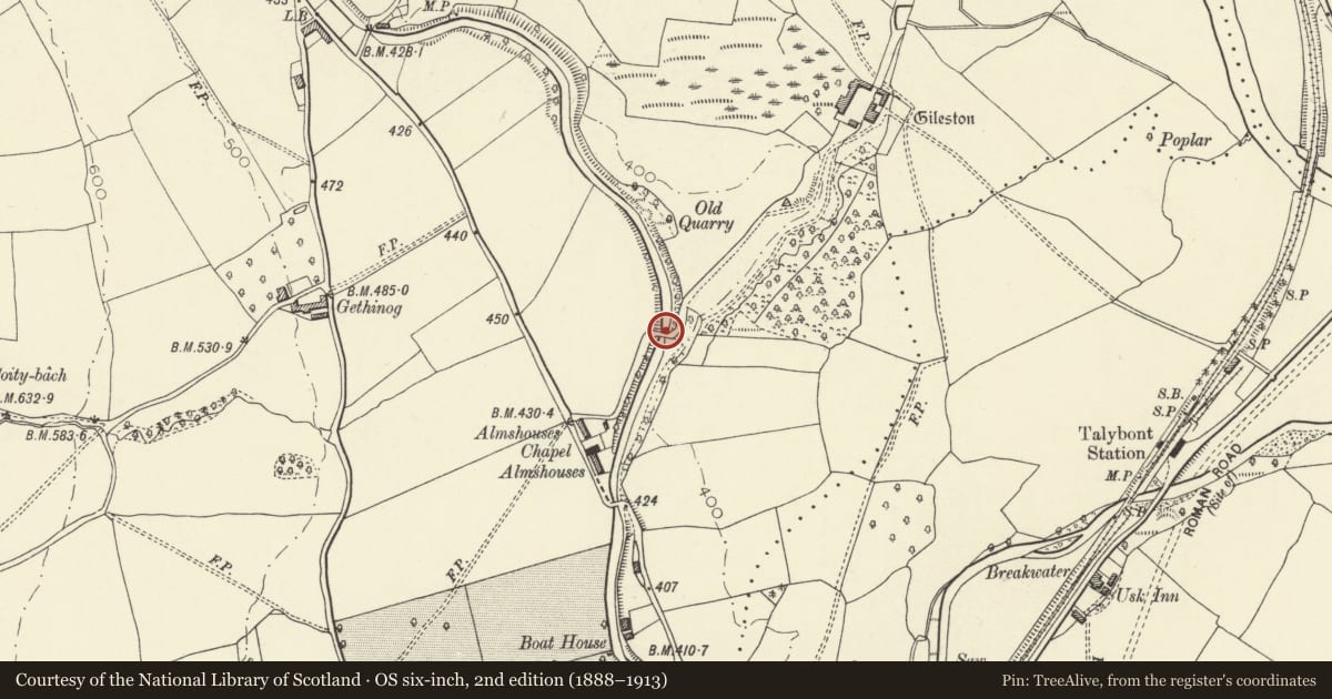 Ordnance Survey six-inch map, 2nd edition (1888–1913) covering the location of Chilson Bridge (Canal Bridge No.146), Talybont-on-Usk, Powys, with a pin at the register's coordinates