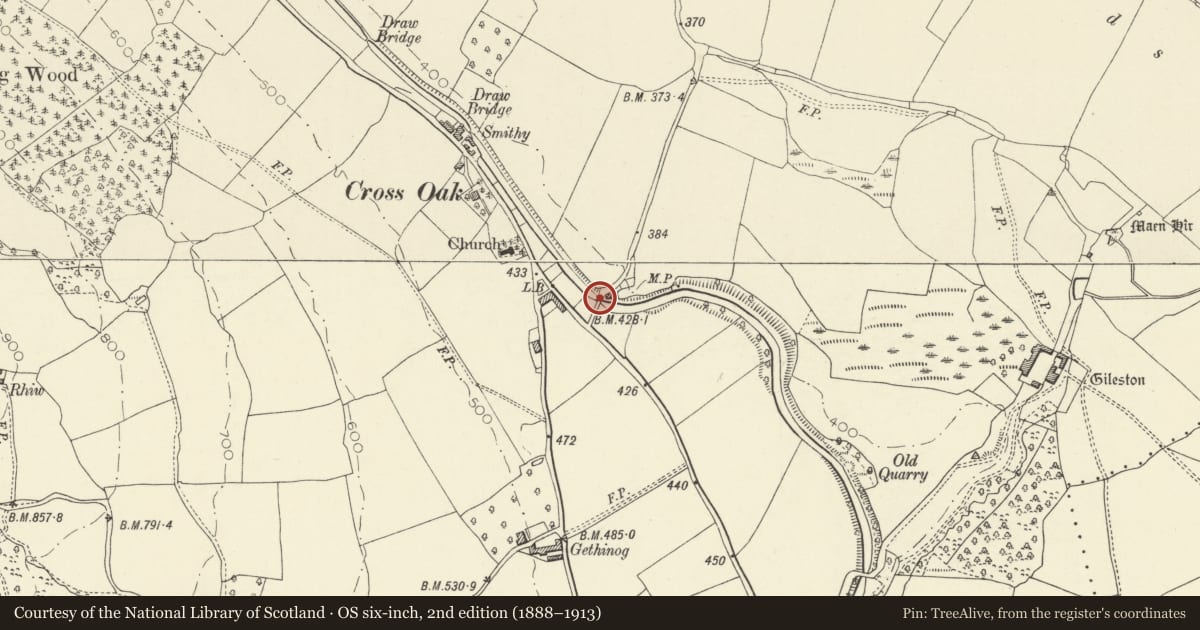 Ordnance Survey six-inch map, 2nd edition (1888–1913) covering the location of Cross Oak Bridge (Canal Bridge No.147), Talybont-on-Usk, Powys, with a pin at the register's coordinates
