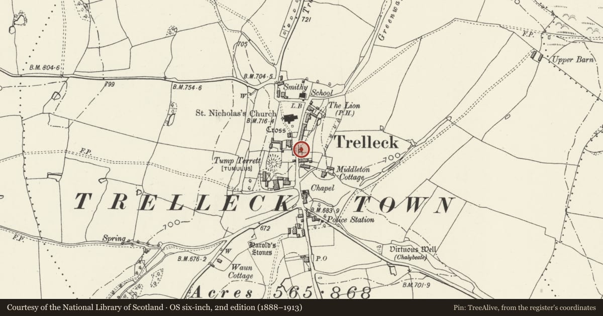 Ordnance Survey six-inch map, 2nd edition (1888–1913) covering the location of Granary and Stable Building north of Trellech Farmhouse, Trellech United, Monmouthshire, with a pin at the register's coordinates