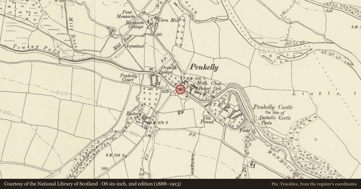 Ordnance Survey six-inch map, 2nd edition (1888–1913) covering the location of Pencelli Bridge (Canal Bridge No.154), Talybont-on-Usk, Powys, with a pin at the register's coordinates