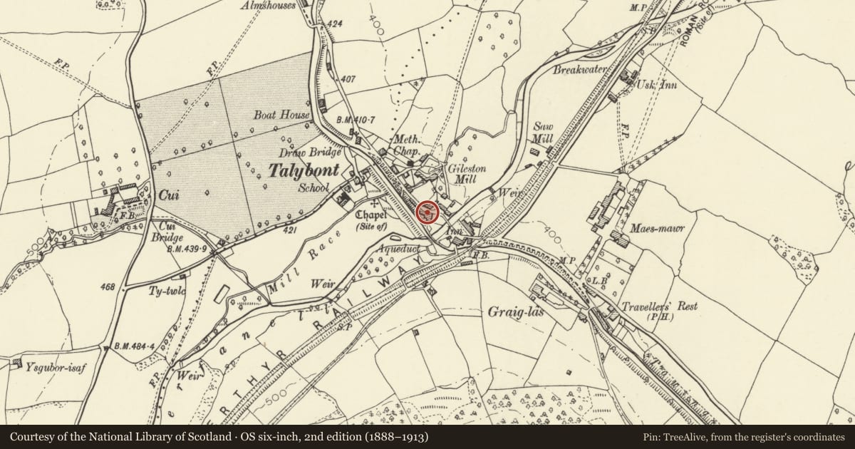 Ordnance Survey six-inch map, 2nd edition (1888–1913) covering the location of The Star Inn, Talybont-on-Usk, Powys, with a pin at the register's coordinates