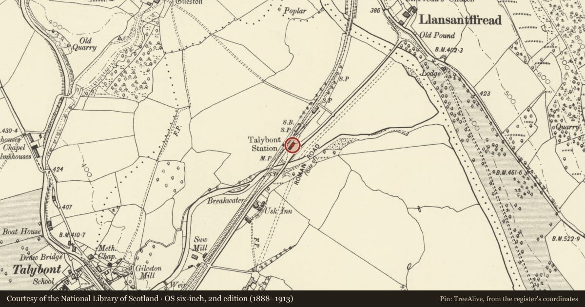 Ordnance Survey six-inch map, 2nd edition (1888–1913) covering the location of Former Talybont Railway Station, Talybont-on-Usk, Powys, with a pin at the register's coordinates