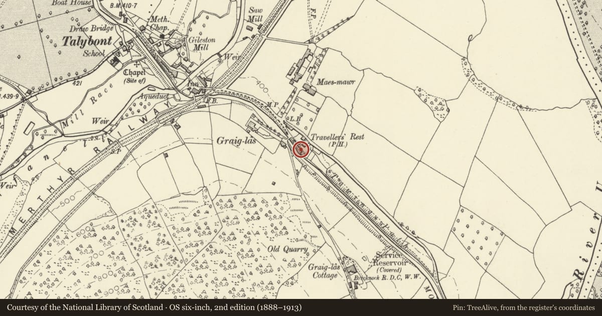 Ordnance Survey six-inch map, 2nd edition (1888–1913) covering the location of Yr Aildy, Talybont-on-Usk, Powys, with a pin at the register's coordinates