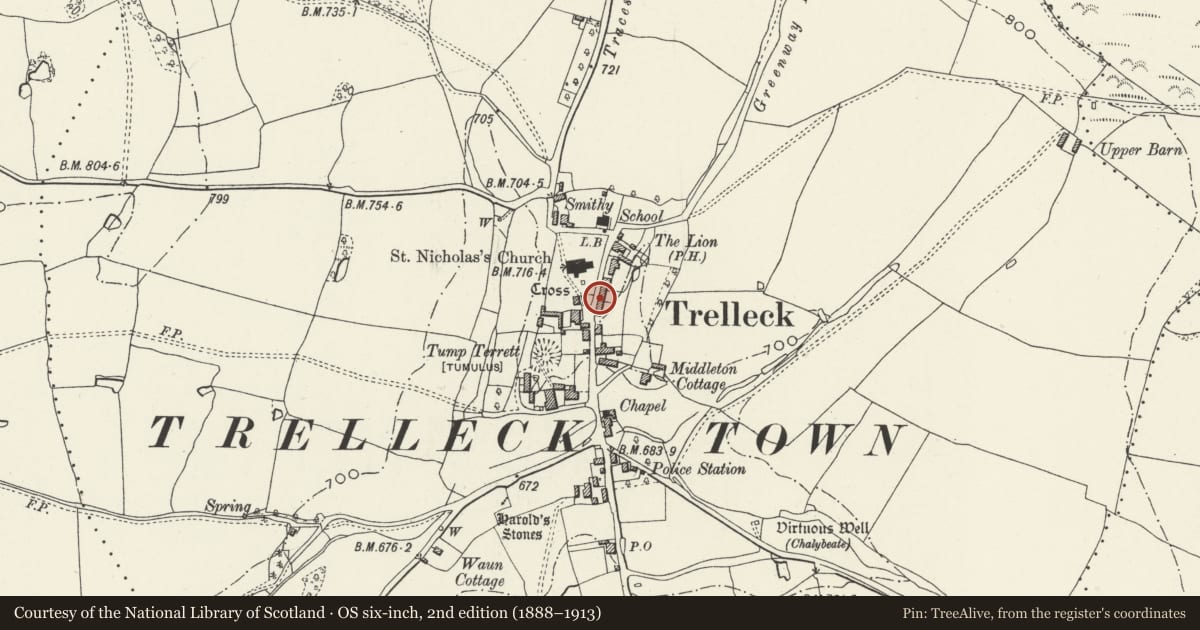 Ordnance Survey six-inch map, 2nd edition (1888–1913) covering the location of Double Barn to the north of Trellech Farmhouse, Trellech United, Monmouthshire, with a pin at the register's coordinates
