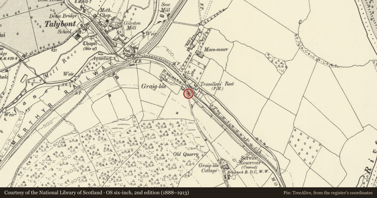 Ordnance Survey six-inch map, 2nd edition (1888–1913) covering the location of Former Counting House, Talybont-on-Usk, Powys, with a pin at the register's coordinates