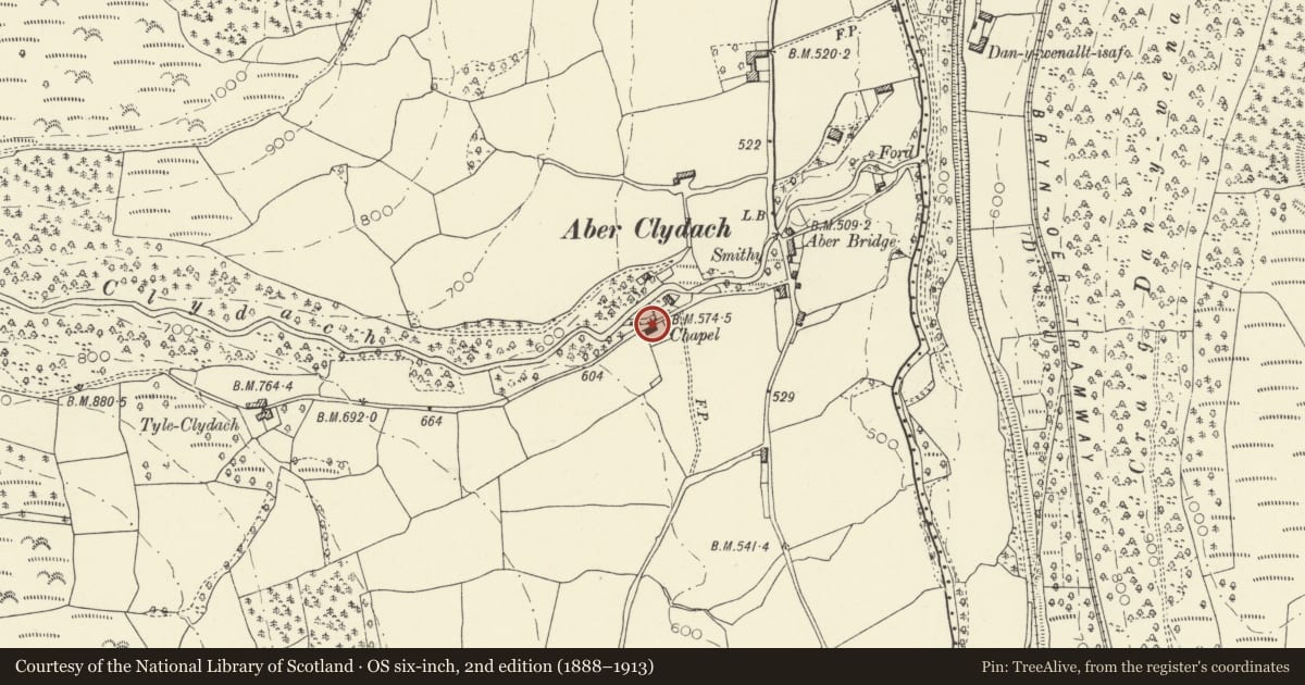 Ordnance Survey six-inch map, 2nd edition (1888–1913) covering the location of Chapel at Aberclydach and surrounding cemetery wall, Talybont-on-Usk, Powys, with a pin at the register's coordinates