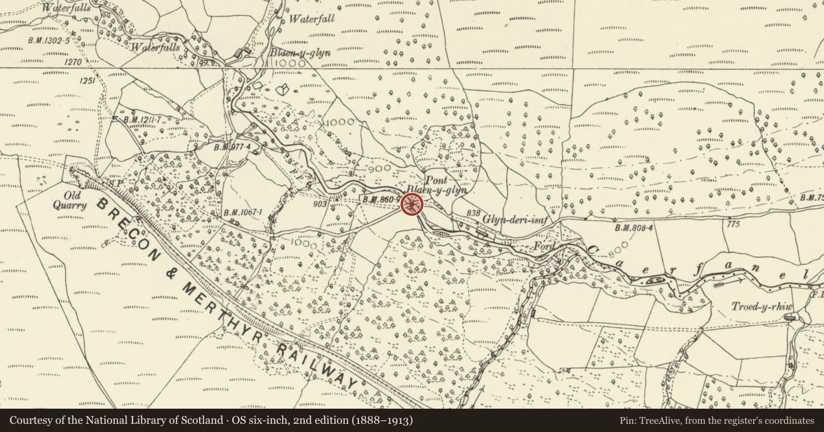 Ordnance Survey six-inch map, 2nd edition (1888–1913) covering the location of Pont Blaen-y-glyn, Talybont-on-Usk, Powys, with a pin at the register's coordinates