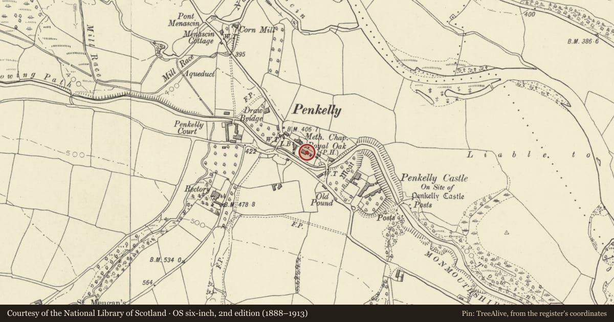 Ordnance Survey six-inch map, 2nd edition (1888–1913) covering the location of The Royal Oak, Talybont-on-Usk, Powys, with a pin at the register's coordinates