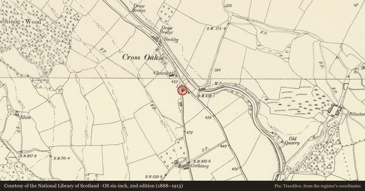 Ordnance Survey six-inch map, 2nd edition (1888–1913) covering the location of 1 Lower Cross Oak Cottages, Talybont-on-Usk, Powys, with a pin at the register's coordinates