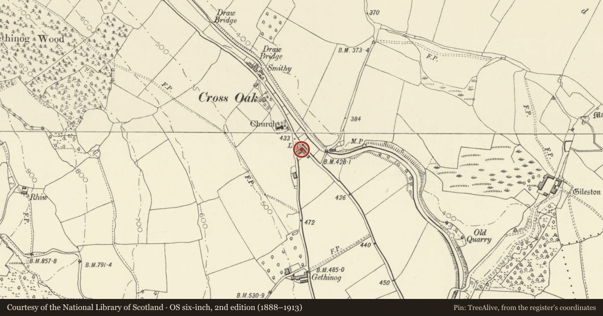 Ordnance Survey six-inch map, 2nd edition (1888–1913) covering the location of 3 Lower Cross Oak Cottages, Talybont-on-Usk, Powys, with a pin at the register's coordinates