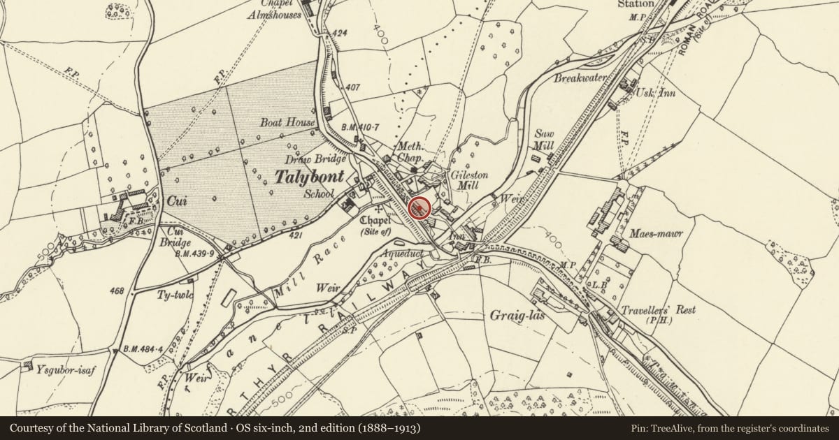 Ordnance Survey six-inch map, 2nd edition (1888–1913) covering the location of Former skittle alley and tea-room, Talybont-on-Usk, Powys, with a pin at the register's coordinates
